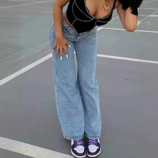 Women Ankle Length Denim Pants Wide Leg Jean Washed High Waist Jeans Solid Pockets Loose Fit Zipper Fly Distressed Casual