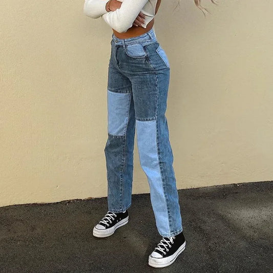 Women Jeans Straight Pants Ankle Length Mid Waist Patchwork Zipper Pockets Spliced Loose Slight Strech High Street 2024