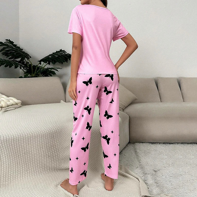 Women's Casual Pajama Set Print Short Sleeve Crew Neck T-Shirt With Pants Sleepwear Loungewear Nightwear Lounge Sets 2 Piece