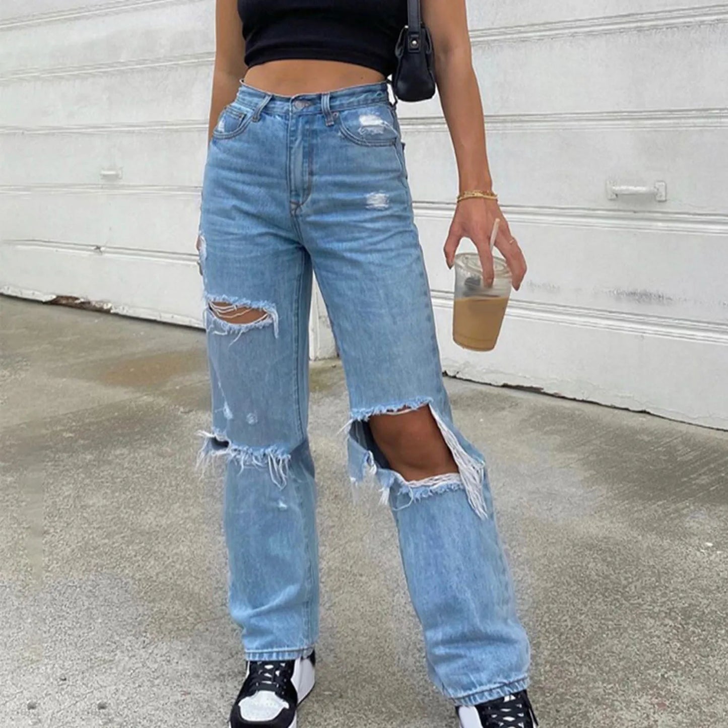 2023 New Baggy Jeans Women Ripped Hole Denim Pants Streetwear High Waist Pocket Straight Trousers Loose Jeans джинсы женский