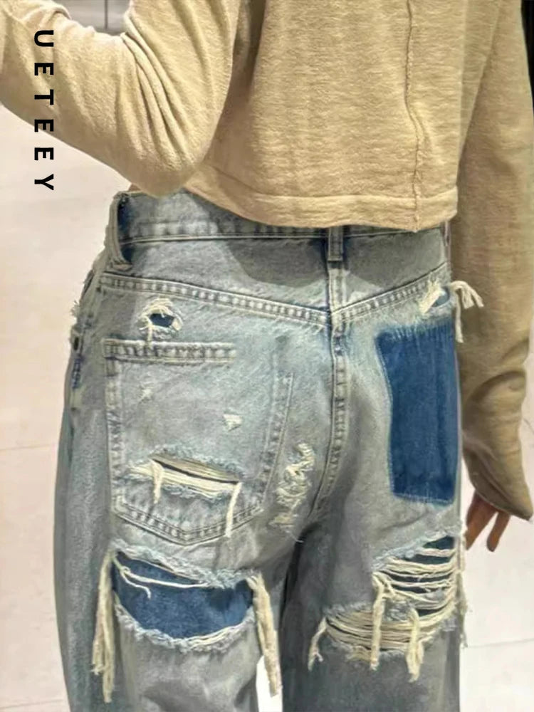 UETEEY Streetwear Fashion Jeans  for Women  Low Waisted Vintage Blue Straight Pants Hole Loose 2024 New Spring Summer Jeans