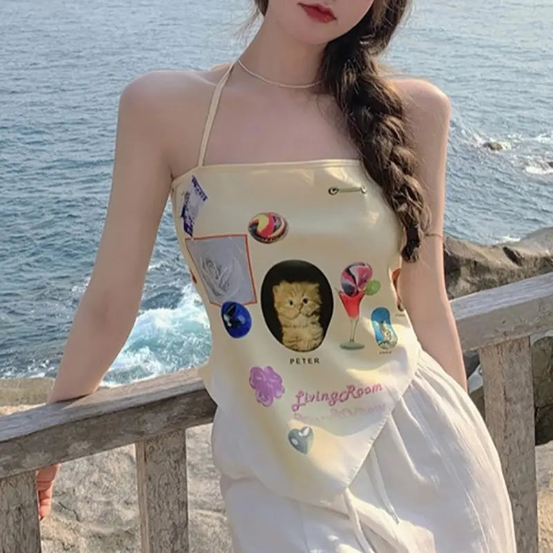 Cropped Camis Print Backless Sexy Summer Holiday Irregular Ladies Tops Elegant Sweet Lovely Korean Style Stylish Prevalent Chic