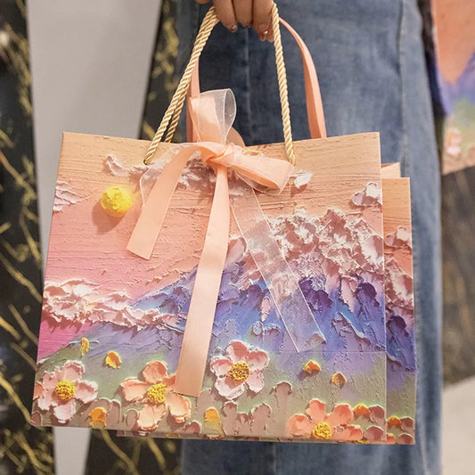 Flower Gift Pakcaging Bag 3D Cloud Oil Painting Paper Bag Valentine's Day Birthday Wedding Party Favor Bag Clothes Store Handbag