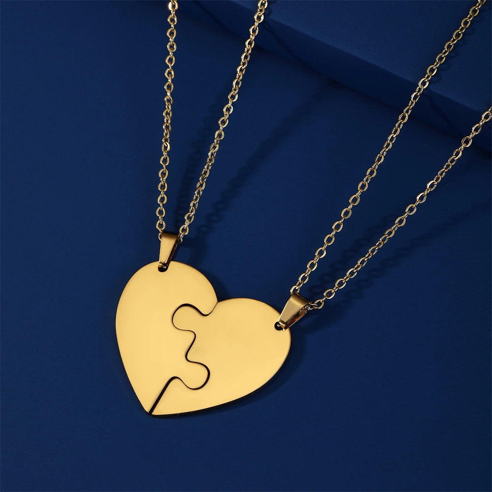 Amaxer Stainless Steel 2 Pcs Pair Choker Engagement Wedding Necklaces For Women Couple Heart Puzzle Pendant Necklace Jewelry