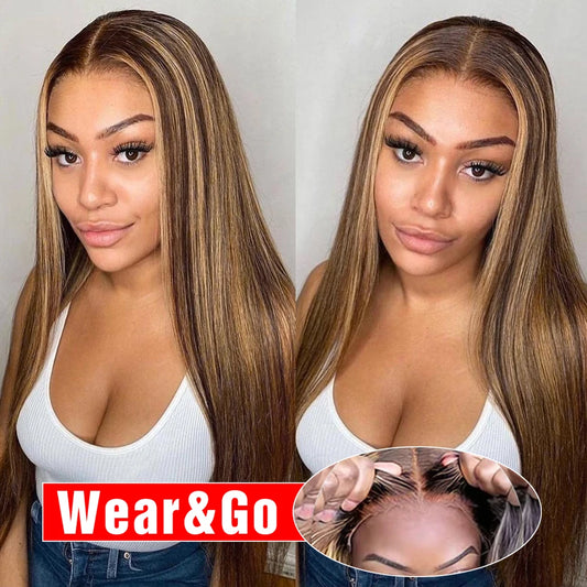 Highlight Glueless Wig Human Hair Ready To Wear And Go Preplucked Straight Ombre Colored HD Lace Wigs For Women 100% Human Hair