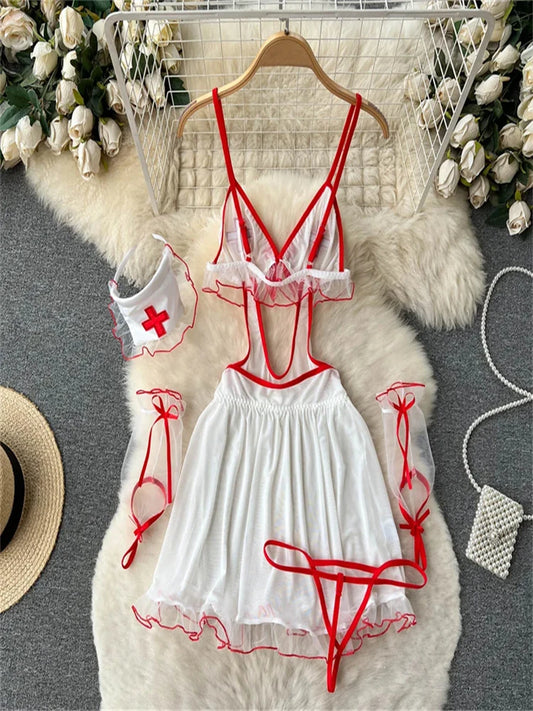 Sexy Cosplay Nurse Uniform Erotic Lingerie Babydoll Dress Flirting Underwear Women CostumeHollow Out 5 Piece Jumpsuit Dresses
