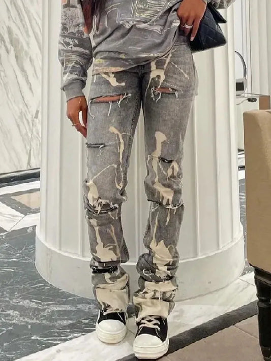 Sifreyr Casual Ripped Hole Jeans Women Fashion Gray Print High Waist Denim Skinny Trousers Streetwear Bottoms Y2K Stacked Pants