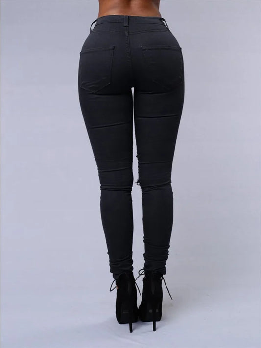 Fashionable Women's Versatile Solid Color Jeans European and American Holed Jeans Minimalist Slim Fit Pencil Pants