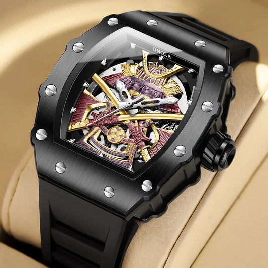 ONOLA Automatic Movement Mechanical Watches for Men Fashion Black-warrior Hollow High Quality Waterproof Mens Watch Reloj Hombre